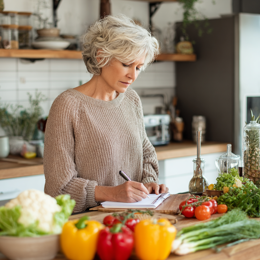 mature woman planning healthy meal prep in modern kitchen