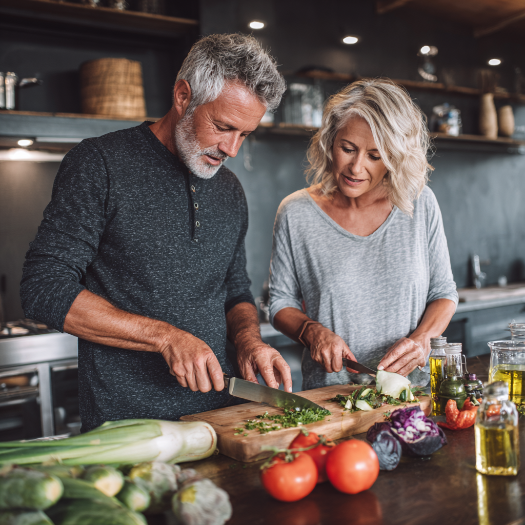 middle-aged couple cooking healthy meal together following nutrition plan